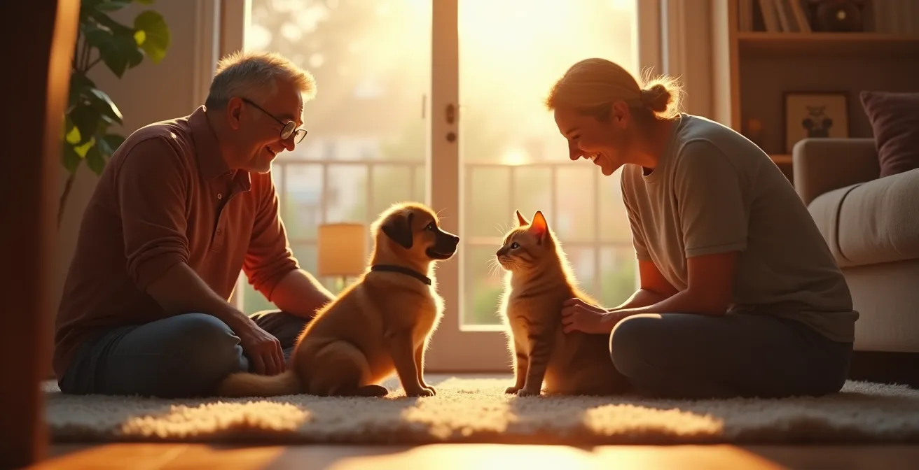 Ein glücklicher Adoptionshund und eine Adoptionskatze spielen zusammen in einem warmen, liebevollen Zuhause