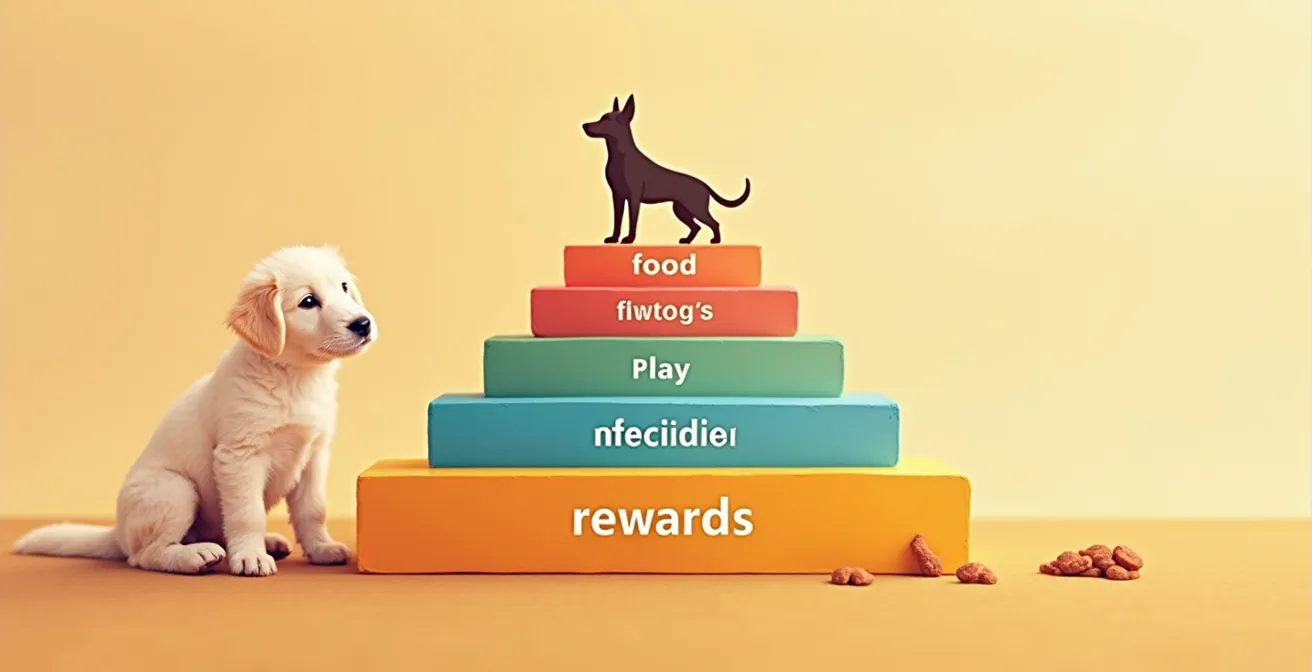 Eine Pyramide mit verschiedenen Belohnungsarten für Hunde, von Futter über Spielzeug bis hin zu Umweltbelohnungen wie Schnüffeln und Freilauf.