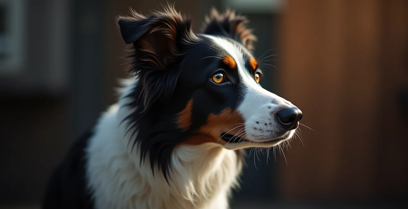 Border Collie in aufmerksamer Haltung, der auf eine mentale Herausforderung fokussiert ist.