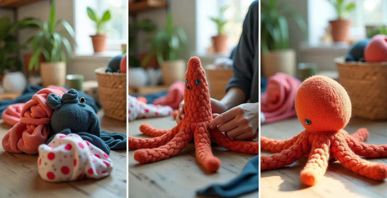 Schritt-für-Schritt Anleitung: Eine alte Socke wird zu einer bunten Sockenkrake mit mehreren Tentakeln, befüllt mit recycelten Stofffetzen und Naturmaterialien.