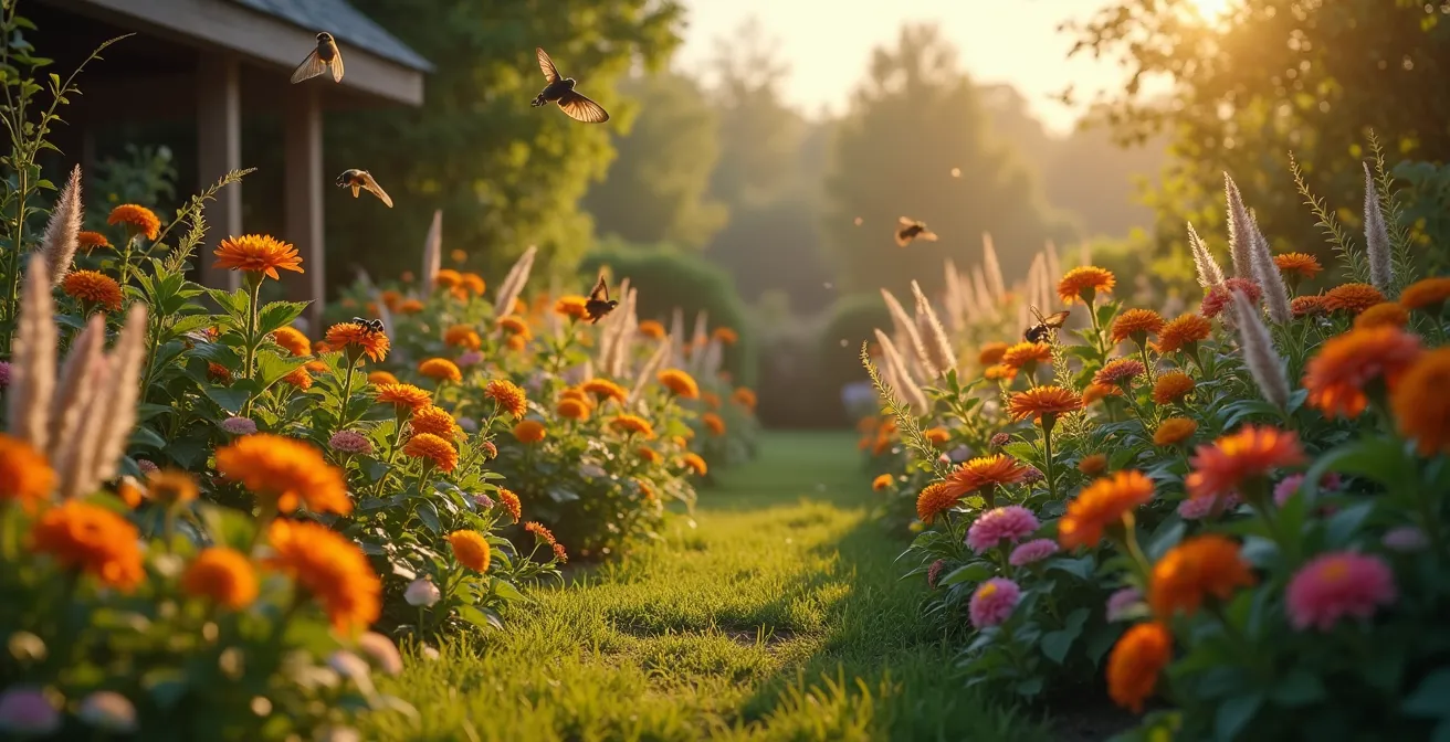 Vielfältiger naturnaher Garten mit heimischen Pflanzen, Vögeln, Bienen und Insekten, der ein Paradies für die Tierwelt darstellt
