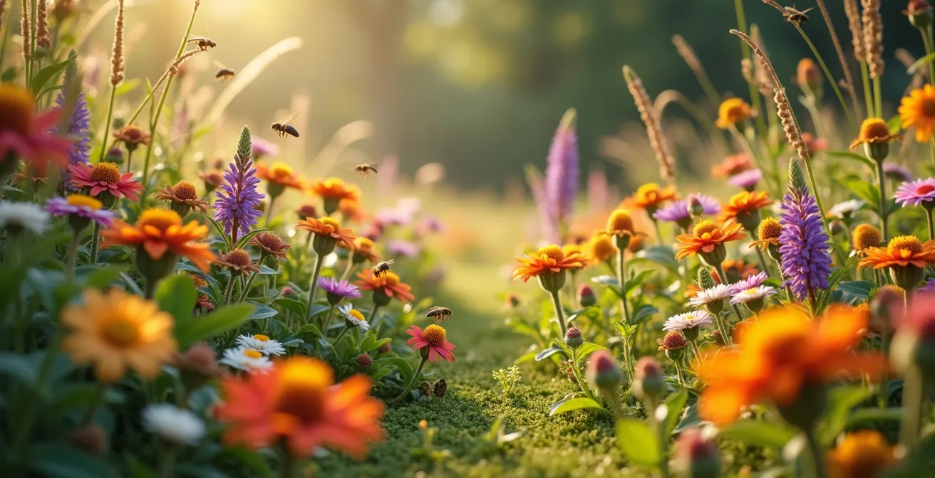 Üppiger naturnaher Garten mit vielfältigen heimischen Wildpflanzen, blühenden Stauden, Gräsern und Insekten