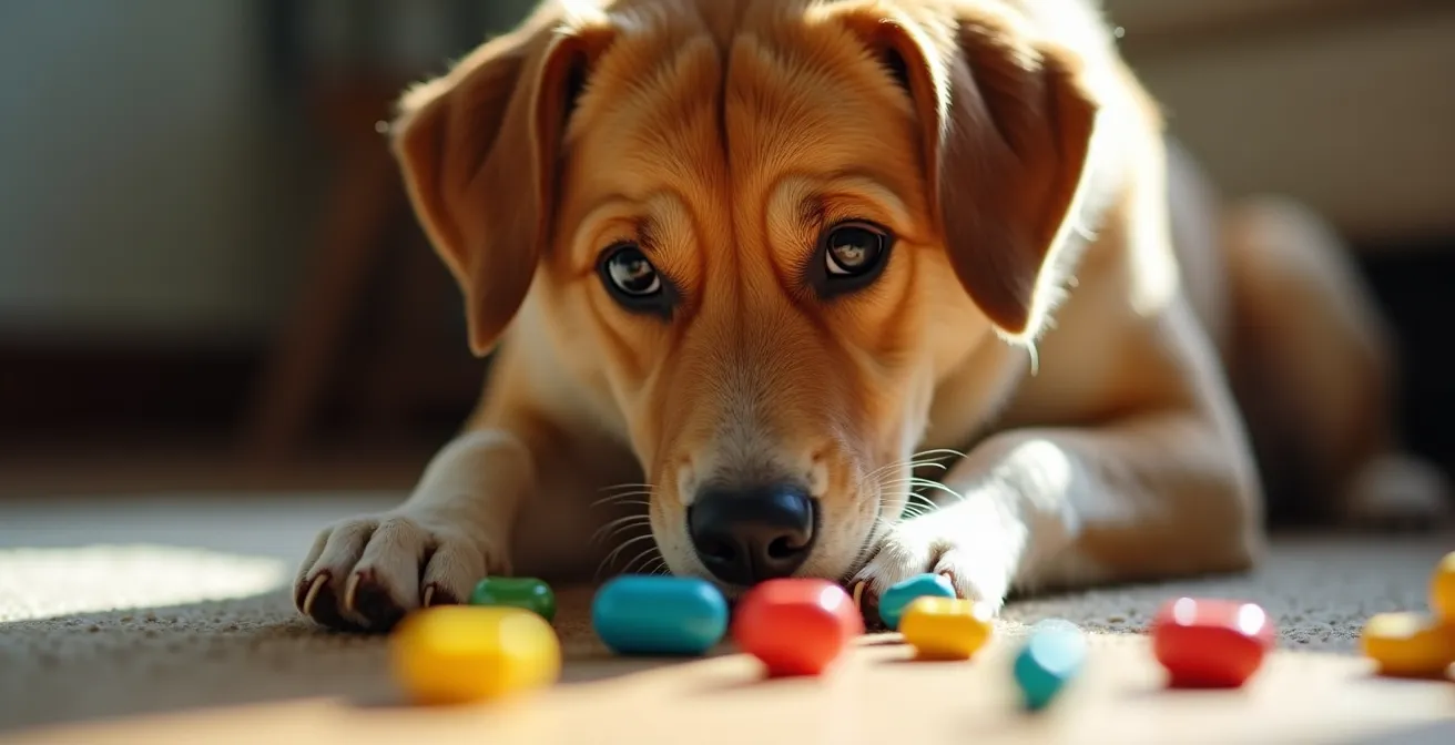 Ein konzentrierter Hund arbeitet intensiv an einem Intelligenzspielzeug, seine Augen fokussiert auf die Puzzle-Aufgabe
