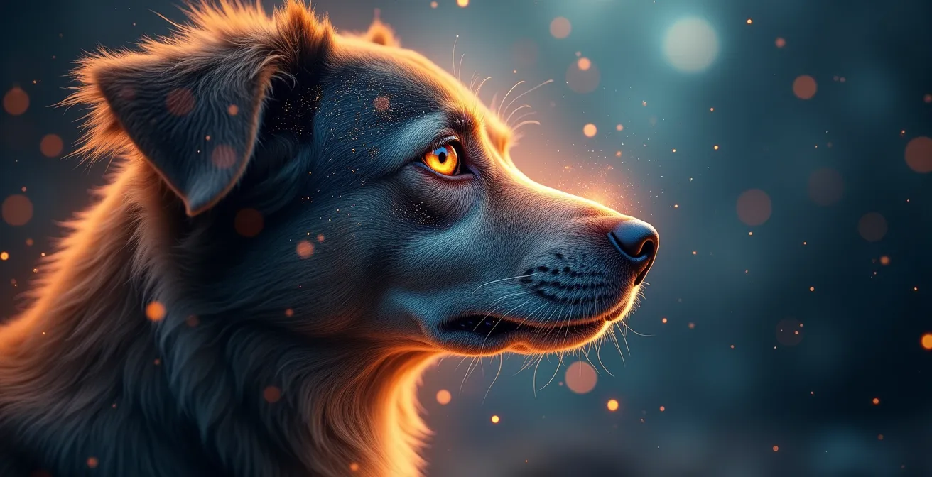 Abstrakte Darstellung des Hundegehirns als Universum mit Bindung und emotionalen Verbindungen zum Menschen