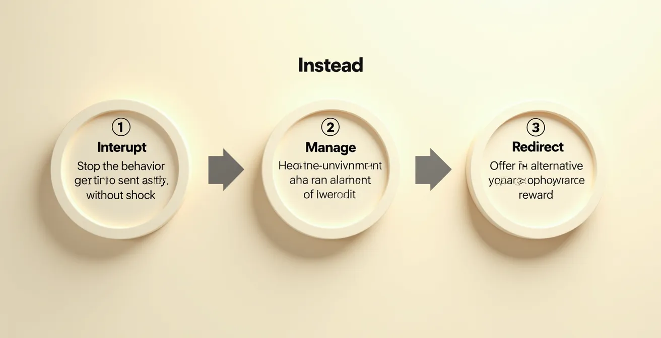 Ein dreiteiliges Diagramm, das das Stattdessen-Modell zeigt: Unterbrechen – Managen – Umleiten statt bestrafen.