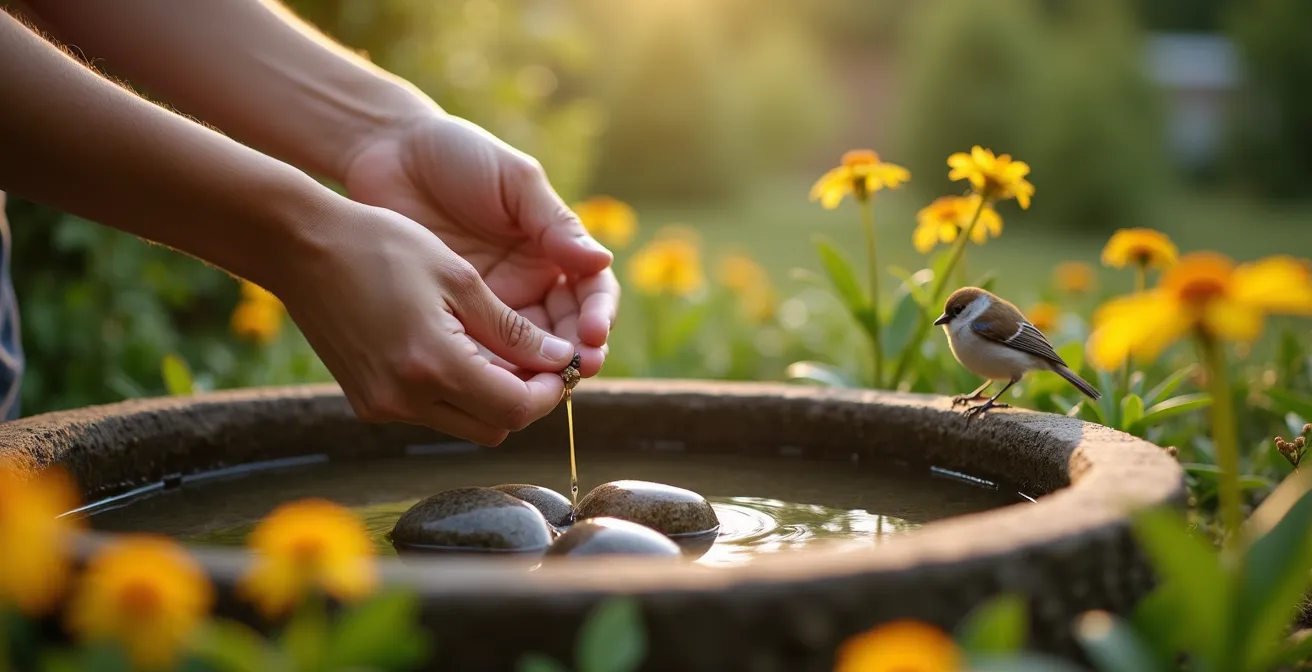 Ein engagierter Mensch schützt aktiv die Tierwelt in seinem Garten vor der Haustür durch praktische Naturschutzmaßnahmen