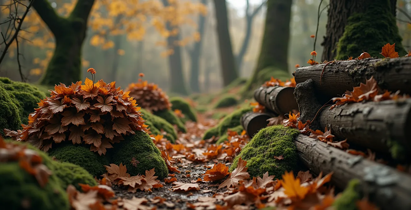 Ein natürlich gestalteter Herbstgarten mit Laubhaufen, Totholz und wildem Bewuchs als Überwinterungsstätten