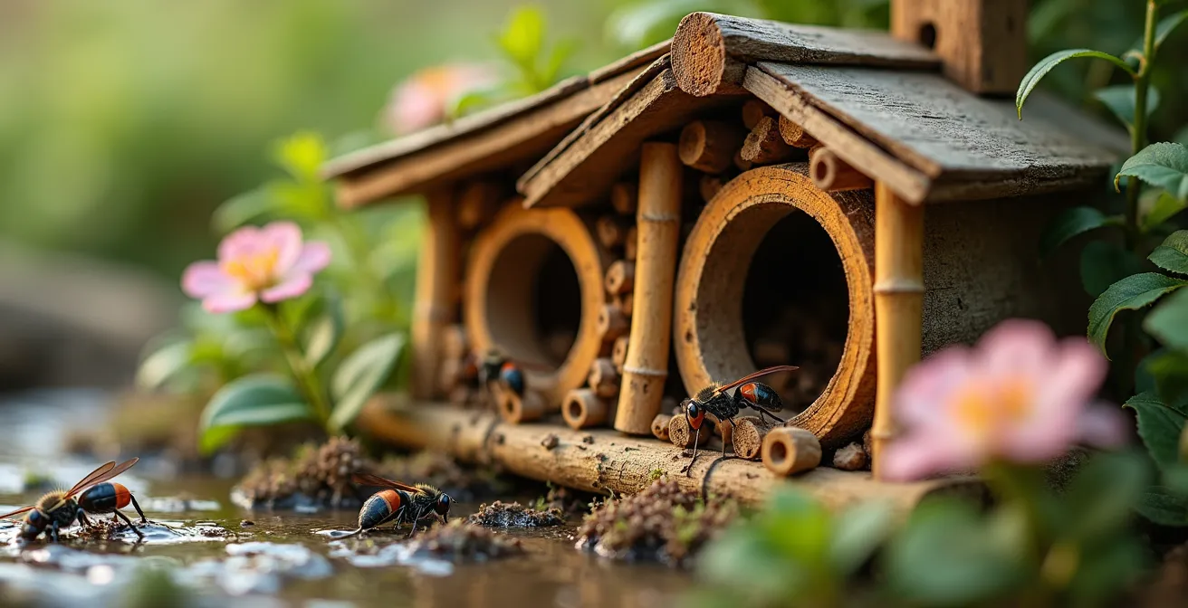 Ein liebevoll gestaltetes Insektenhotel mit natürlichen Materialien und angrenzenden Futterpflanzen im Garten