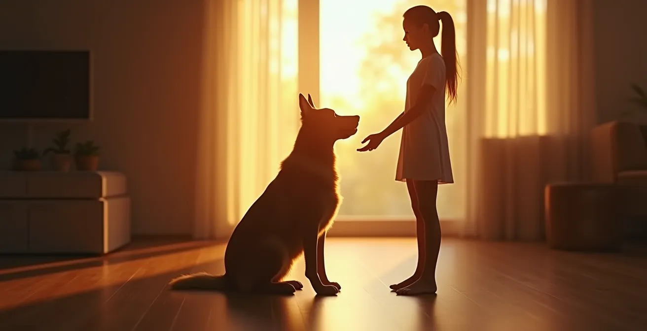 Ein ruhiger Mensch steht neben einem aufmerksamen, entspannten Hund in einer warmen, vertrauensvollen Umgebung.