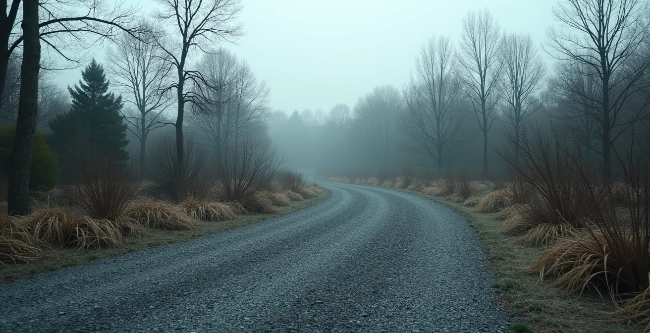 Verbotener Schottergarten mit kahlen Kiesflächen und fehlender Vegetation als Symbol für ökologische Probleme
