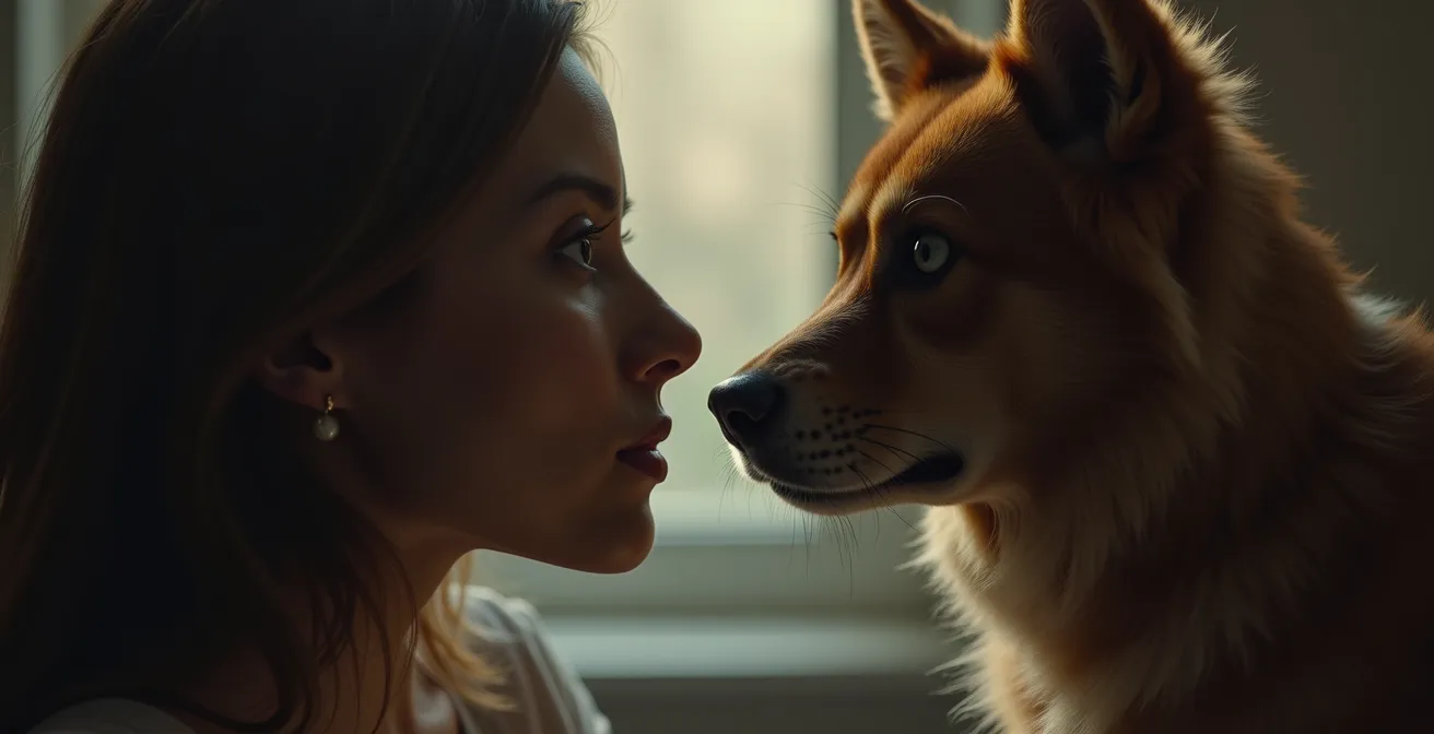 Symbolische Abbildung eines Haustieres, das ein menschliches Spiegelbild hält, das die emotionale und psychologische Verbindung zwischen Tier und Mensch darstellt