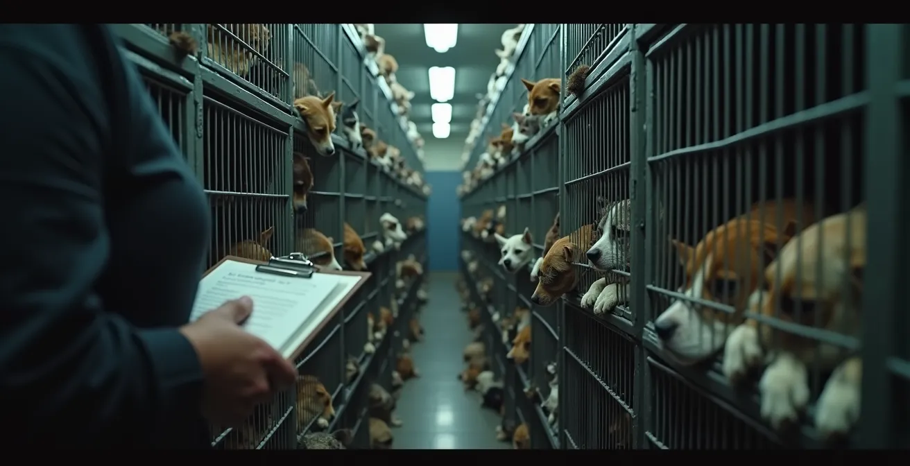 Ein überbelastetes Tierheim mit vielen Hunden und Katzen hinter Gittern, symbolisierend die Überbelegung und emotionale Last des Tierschutzes.