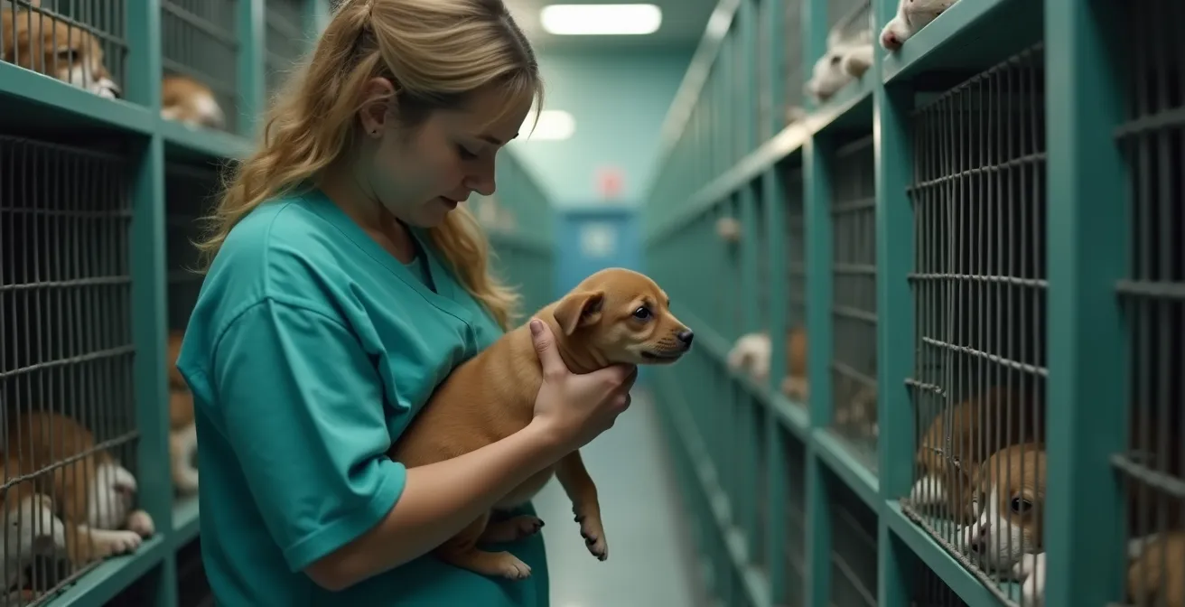 Tierheim-Szene: Mehrere verschüchterte, traumatisierte Welpen in Zwingern, Pflegepersonal, das sich um kranke Tiere kümmert, mit emotionalem aber realistischem Fokus auf die Belastung des Systems