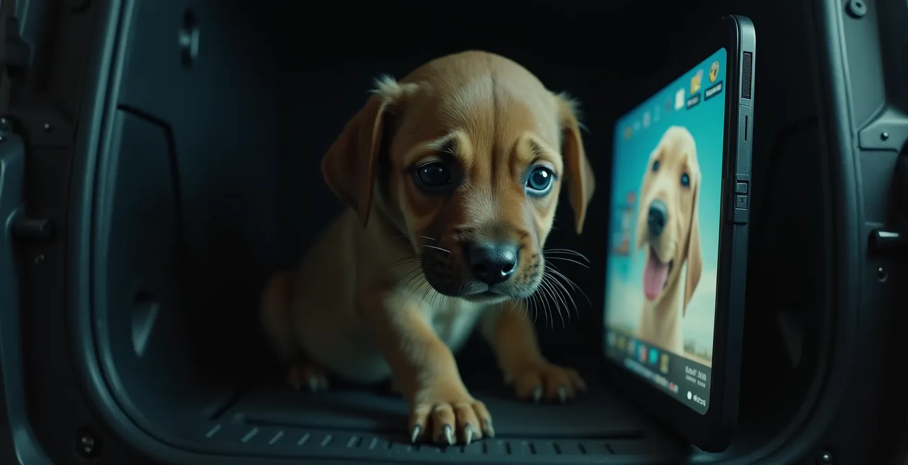 Symbolische Darstellung der Welpenmafia: Ein verletzter, verängstigter Welpe hinter Gittern oder versteckt in einem dunklen Kofferraum, mit kontrastierendem süßem Welpengesicht in einer Online-Anzeige im Hintergrund