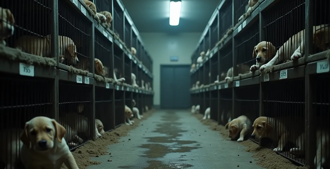 Grafische Darstellung einer Welpenfabrik in Osteuropa: Enge Käfige mit mehreren unterernährten Mutterhündinnen und Welpen unter schlechten hygienischen Bedingungen, grauer Beton, minimale Beleuchtung