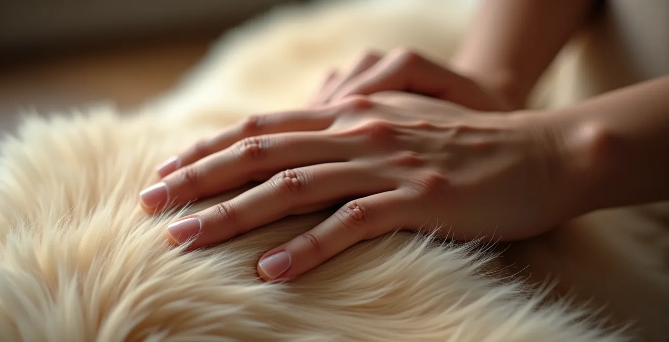 Nahaufnahme einer Hand, die sanft und achtsam das Fell eines ruhenden Hundes streichelt und eine tiefe Verbindung symbolisiert.