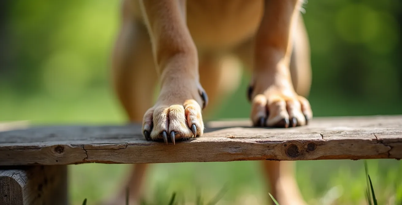 Hund balanciert auf selbstgebautem Agility-Hindernis aus Holzbalken im heimischen Garten