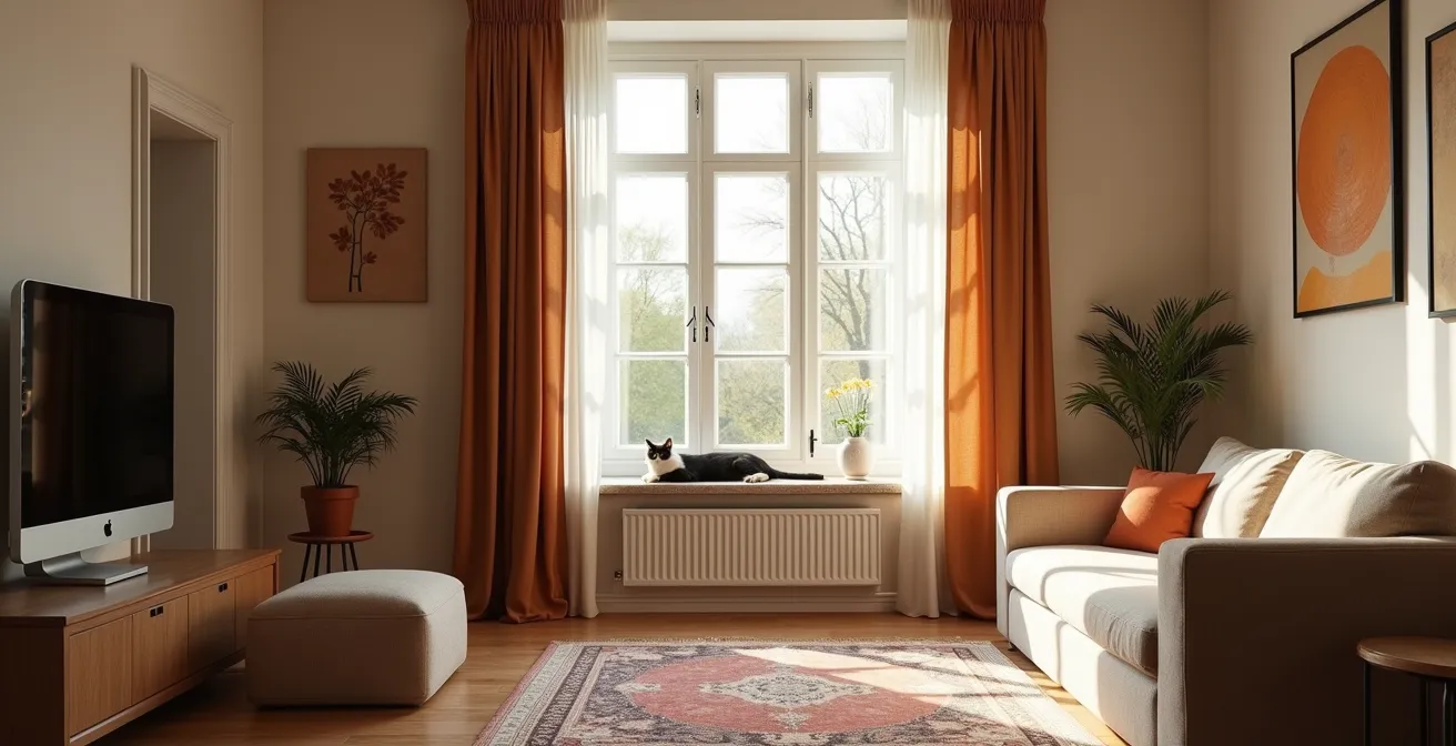 Gemütliche deutsche Altbauwohnung mit schallabsorbierenden Elementen für Haustiere, die eine ruhige Atmosphäre schafft.