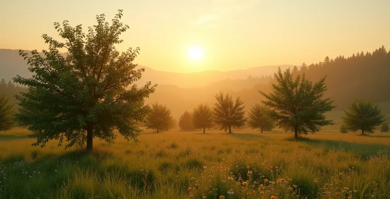 Weitwinkelaufnahme einer traditionellen Streuobstwiese mit verschiedenen alten Apfel- und Birnbäumen