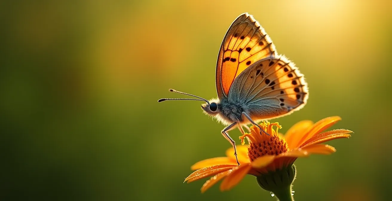 Makroaufnahme seltener Schmetterlingsart auf Wildblume in deutschem Naturschutzgebiet