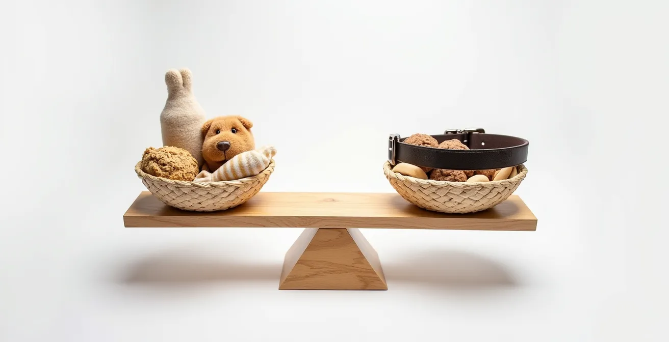 Eine symbolische Waage zeigt auf der einen Seite Spielzeug und Leckerlis, auf der anderen Seite ein Halsband und eine Leine, was die Balance zwischen Verwöhnen und Grenzen darstellt.