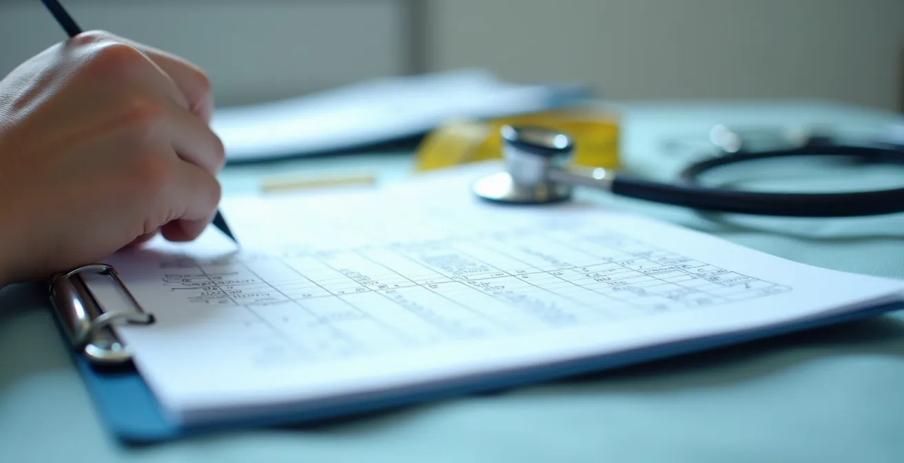 Detailaufnahme von Händen beim Ausfüllen eines Gesundheitsprotokolls für Haustiere