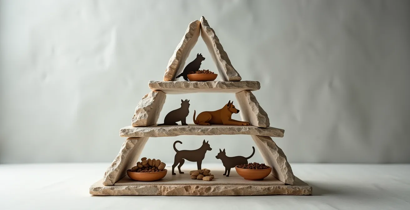 Visuelle Darstellung einer Pyramide mit verschiedenen Tiersilhouetten auf unterschiedlichen Ebenen, die die Bedürfnishierarchie symbolisiert