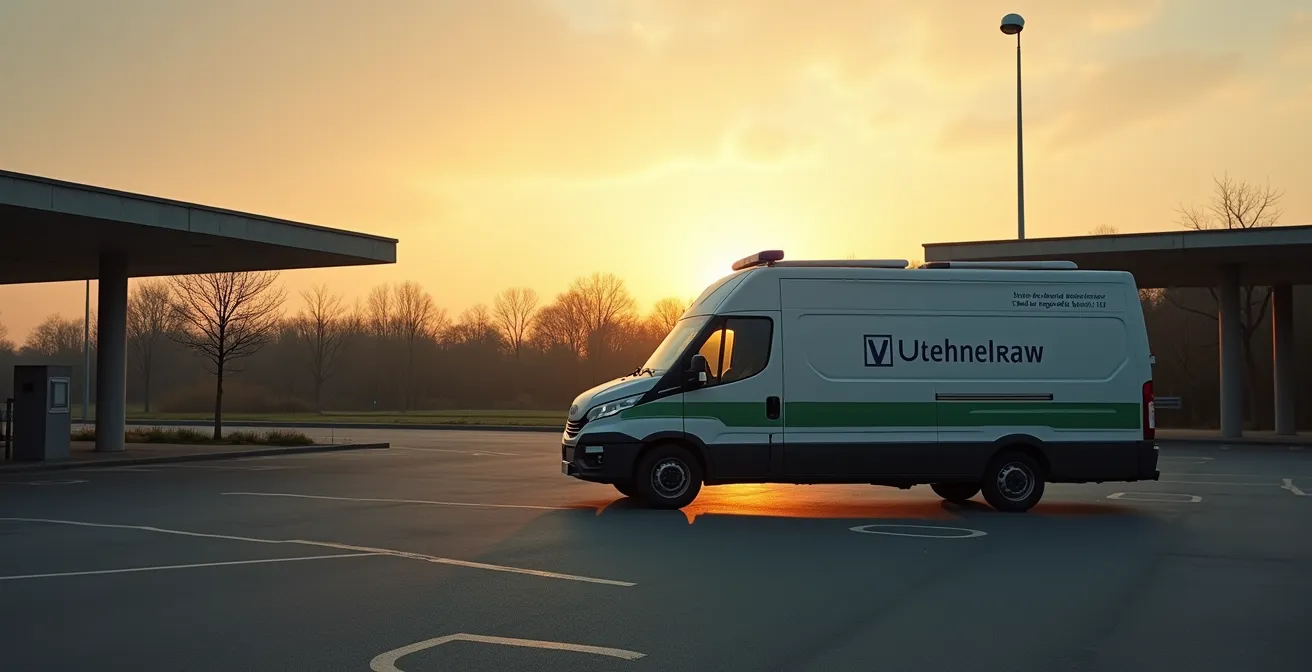 Weitwinkelaufnahme eines Veterinäramts-Fahrzeugs vor einem Autobahnrastplatz bei Dämmerung