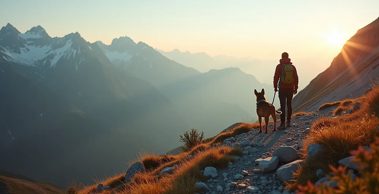 Ein Wanderer und sein Hund stehen auf einem schmalen Bergpfad und blicken auf ein weites Alpenpanorama im Licht der untergehenden Sonne.