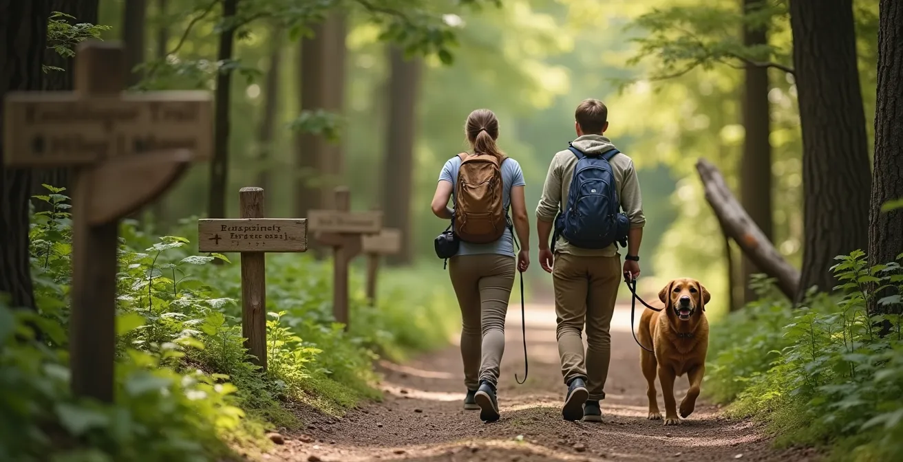 Wanderer auf markiertem Waldweg mit angeleintem Hund in deutschem Naturschutzgebiet