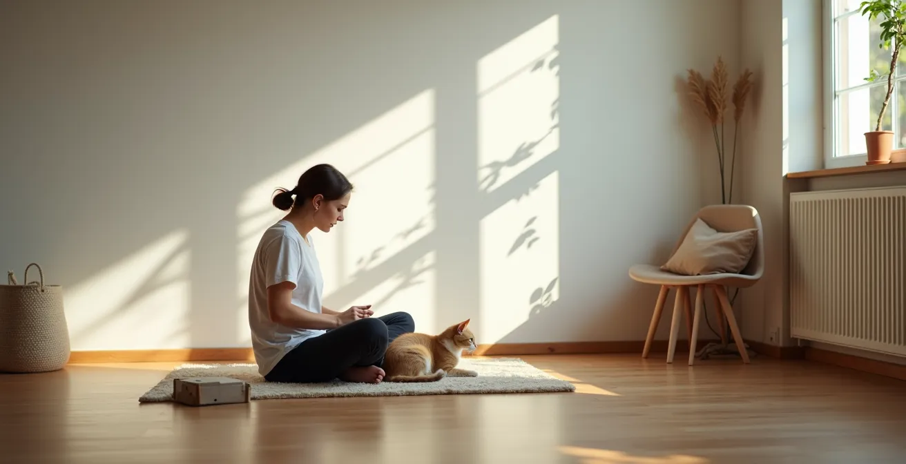 Weitwinkelaufnahme eines ruhigen Wohnzimmers mit Mensch und Katze während der Fellpflege