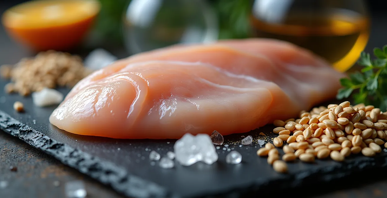 Biologische Wertigkeit von Proteinen in Tierfutter visualisiert durch hochwertige, rohe Zutaten.