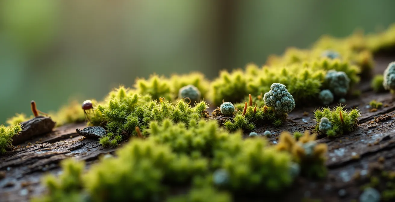Makroaufnahme von Moosen und Flechten auf totem Baumstamm als Lebensraum