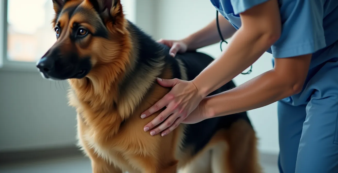 Tierarzt demonstriert den Rippen-Test am Brustkorb eines Deutschen Schäferhundes zur objektiven Beurteilung des Körperzustands.