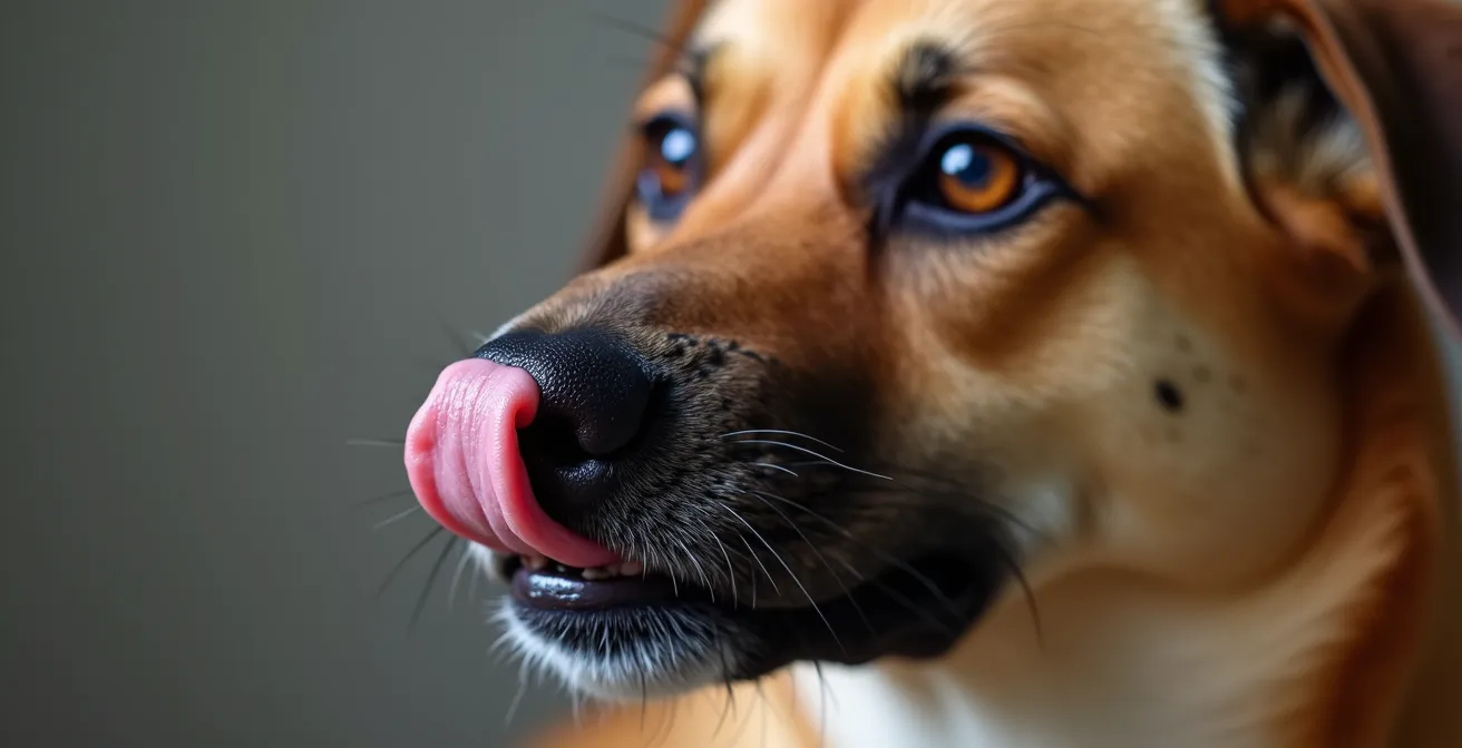 Nahaufnahme eines Hundes, der typische Beschwichtigungssignale wie Gähnen und Abwenden des Kopfes zeigt.