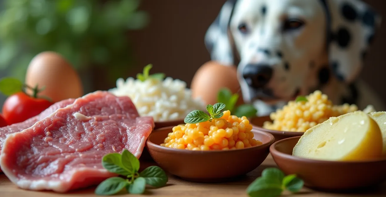 Dalmatiner vor einer Auswahl purinarmer Lebensmittel