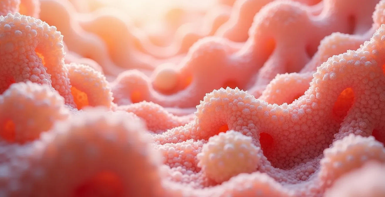 Abstrakte Darstellung des Darm-Mikrobioms als bunter, blühender Garten mit vielfältigen Mikroorganismen