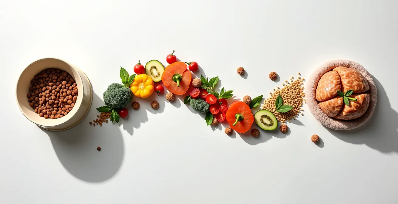 Symbolische Darstellung der Verbindung zwischen Ernährung und emotionalem Wohlbefinden bei Haustieren