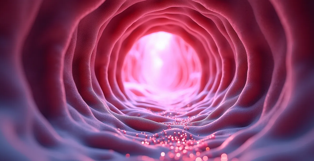 Visualisierung der Darmflora mit verschiedenen Bakterienkulturen, die das Mikrobiom als leuchtende Kugeln in einer organischen Tunnelstruktur darstellen.