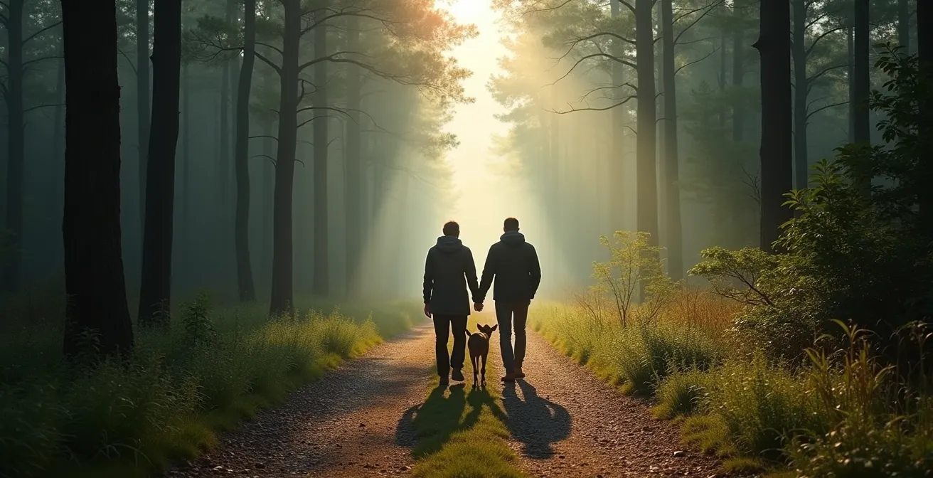 Weite Landschaftsaufnahme von Mensch und Tier auf gemeinsamem Waldspaziergang