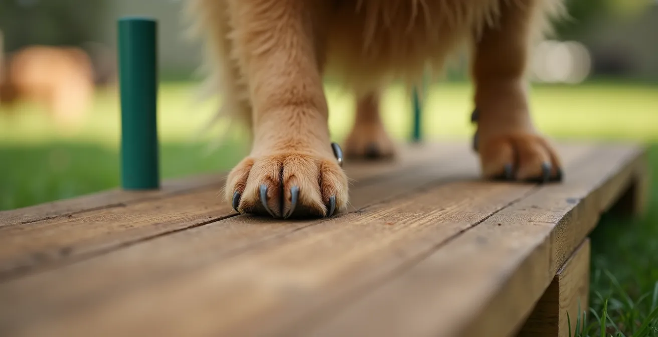 Nahaufnahme der Pfoten eines Hundes, die geschickt einen selbstgebauten Agility-Parcours im Garten meistern.