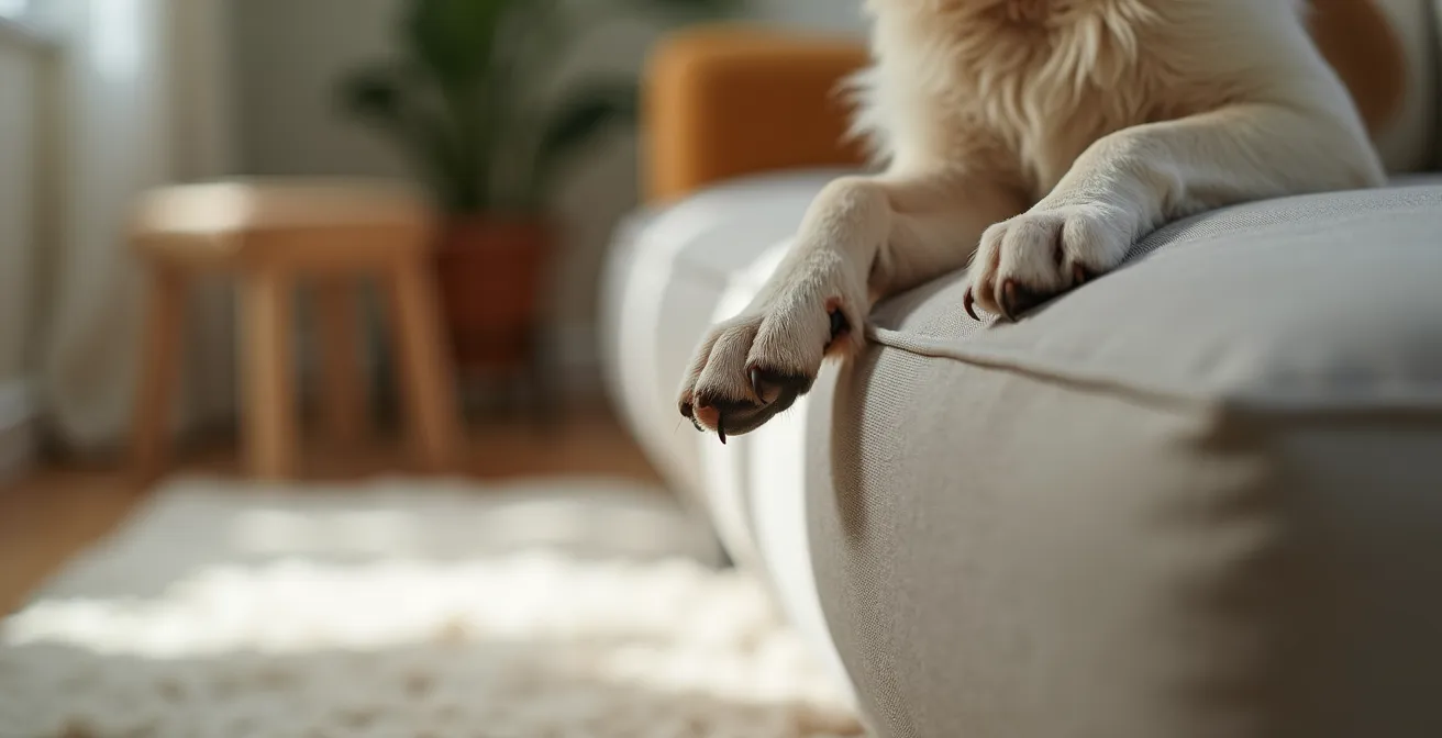 Hund wartet auf Einladungssignal vor dem Sofa