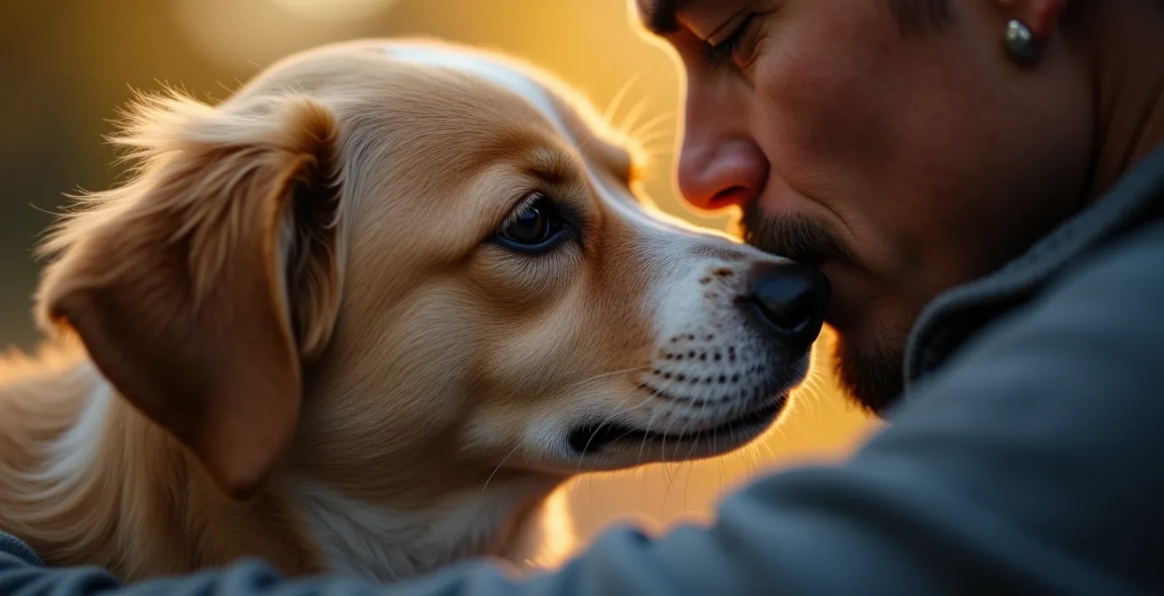 Nahaufnahme, die die synchrone, ruhige Atmung zwischen einem Menschen und seinem Hund darstellt