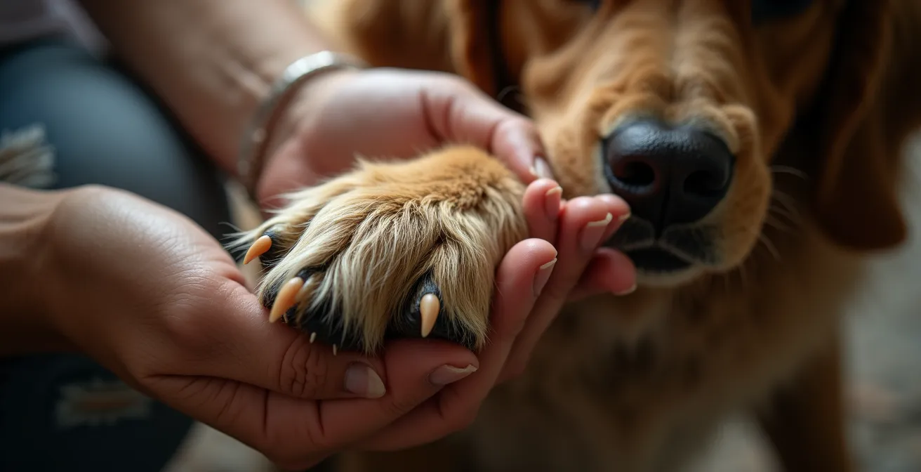 Inniger Moment zwischen den Händen eines Menschen und der Pfote eines alternden Haustiers, der die tiefe Bindung zeigt.