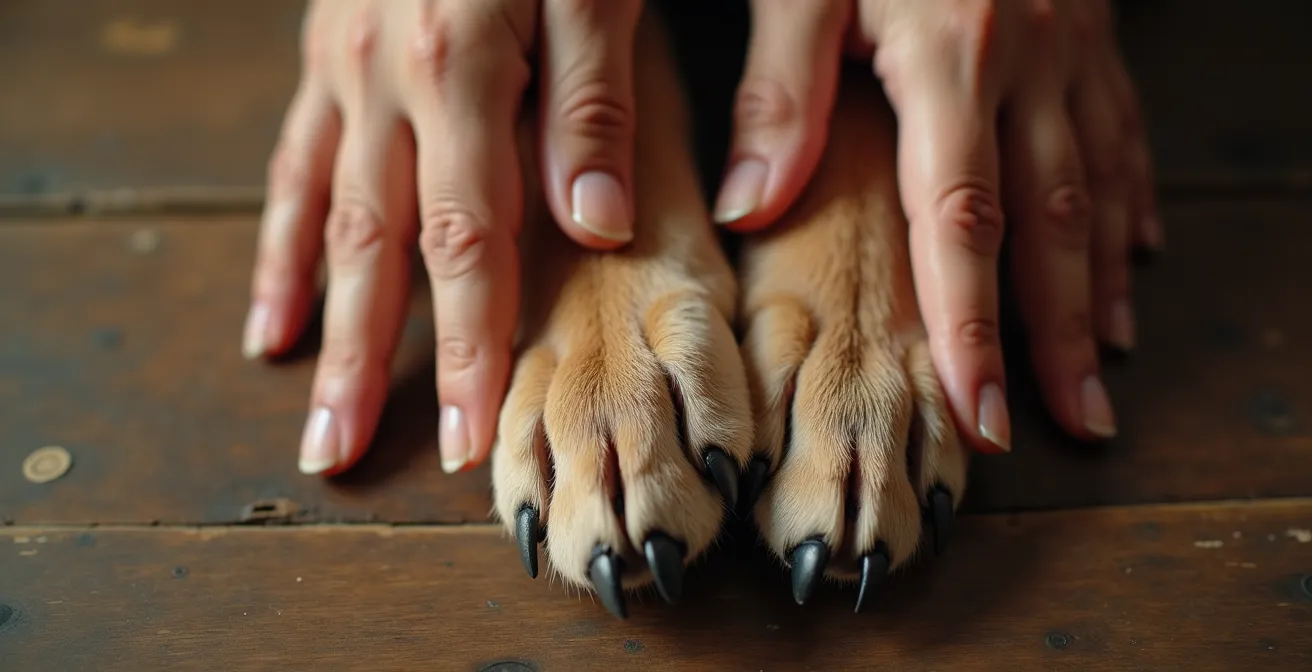 Nahaufnahme der synchronen und entspannten Körpersprache zwischen einer menschlichen Hand und einer Hundepfote.
