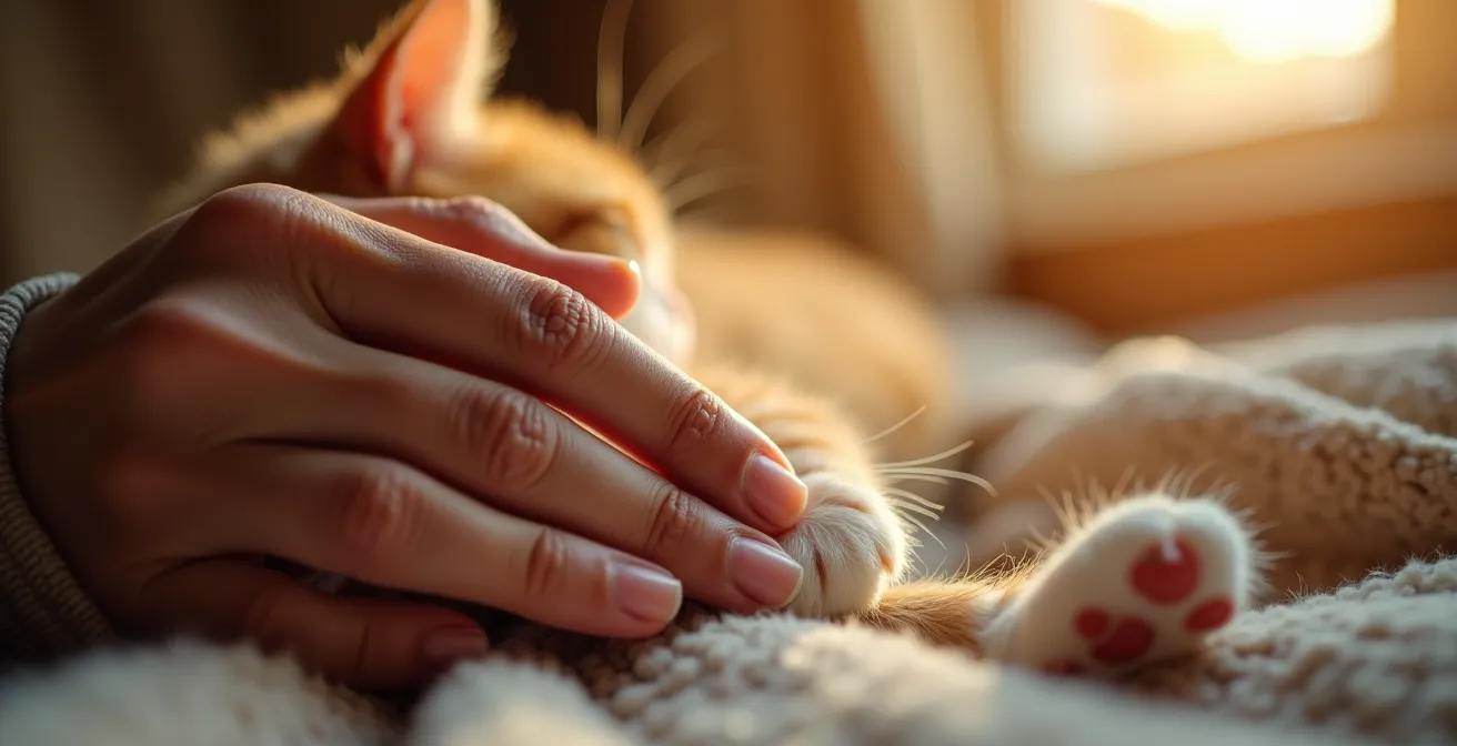 Nahaufnahme einer Hand die sanft über weiches Tierfell streichelt