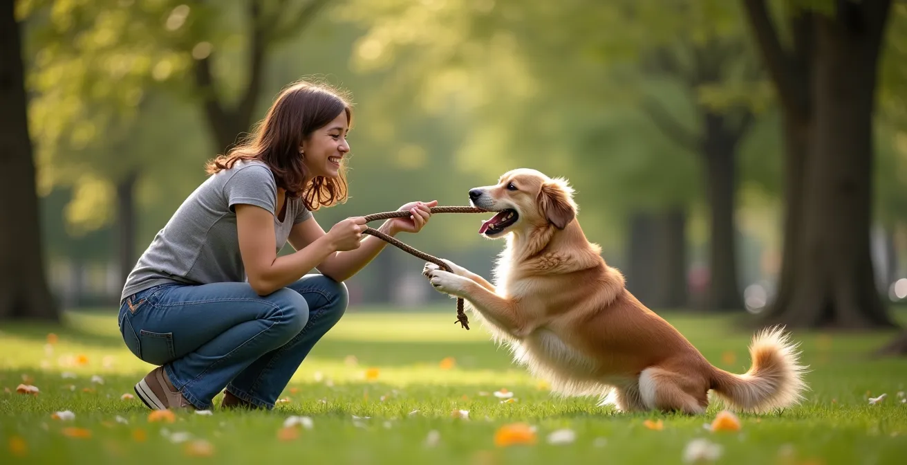 Mensch und Hund beim entspannten Spiel auf einer Wiese