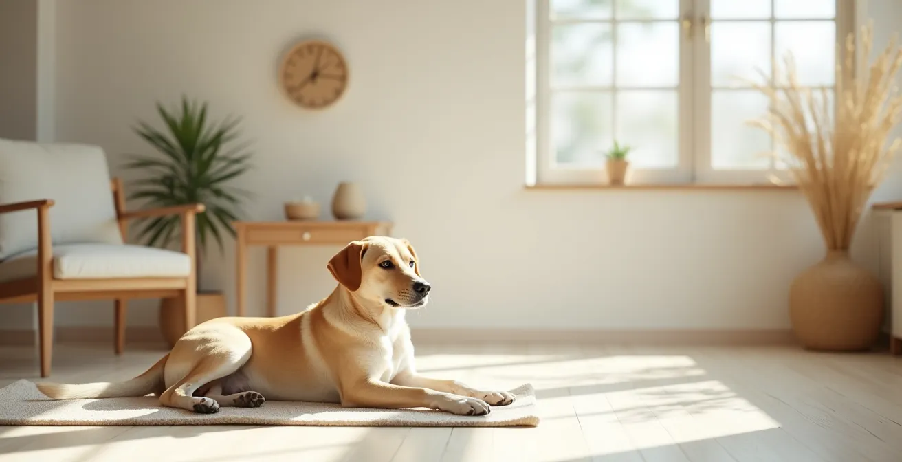 Ruhender Hund in entspannter Umgebung mit sichtbarer Gelassenheit