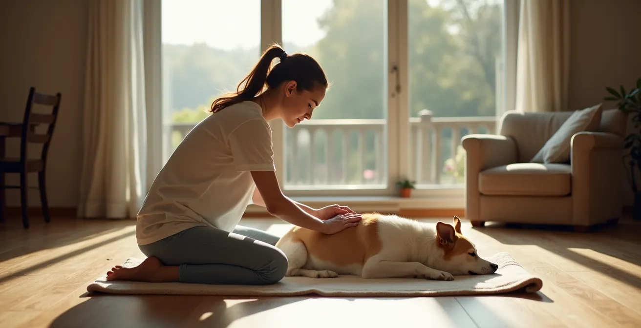 Sanfte Massagetechnik bei einem entspannten Hund in häuslicher Umgebung