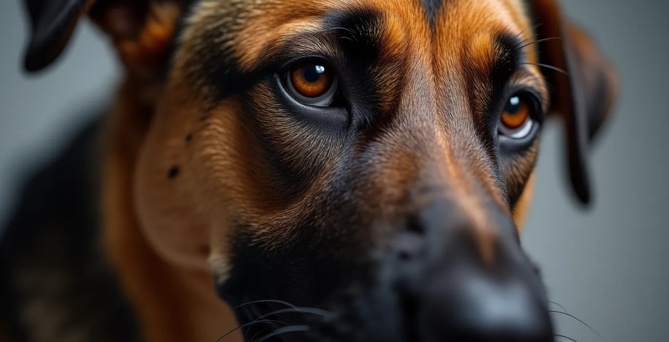 Makroaufnahme eines Hundegesichts mit sichtbaren Spannungszeichen